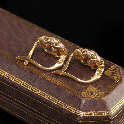 Antique Art Deco 18K Yellow Gold Old European Diamond Halo Earrings