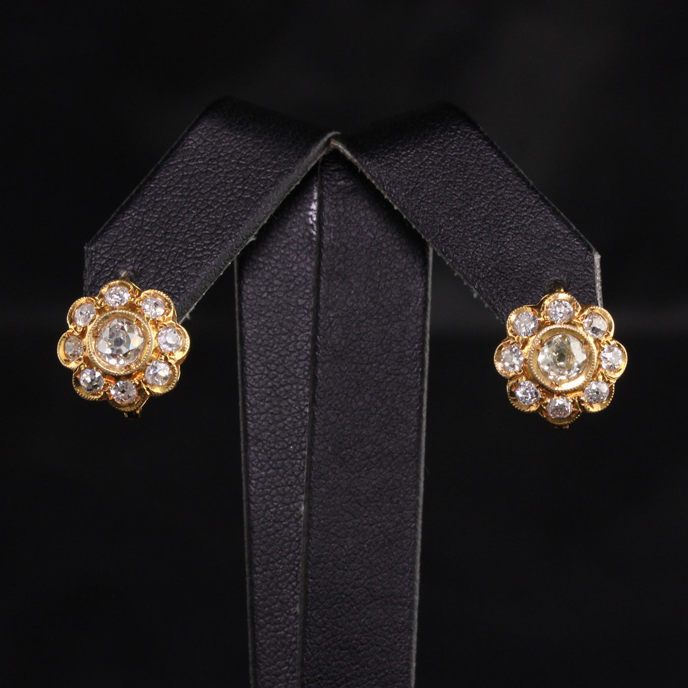 Antique Art Deco 18K Yellow Gold Old European Diamond Halo Earrings