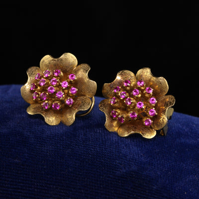 Vintage Estate 14K Yellow Gold Ruby Flower Earrings