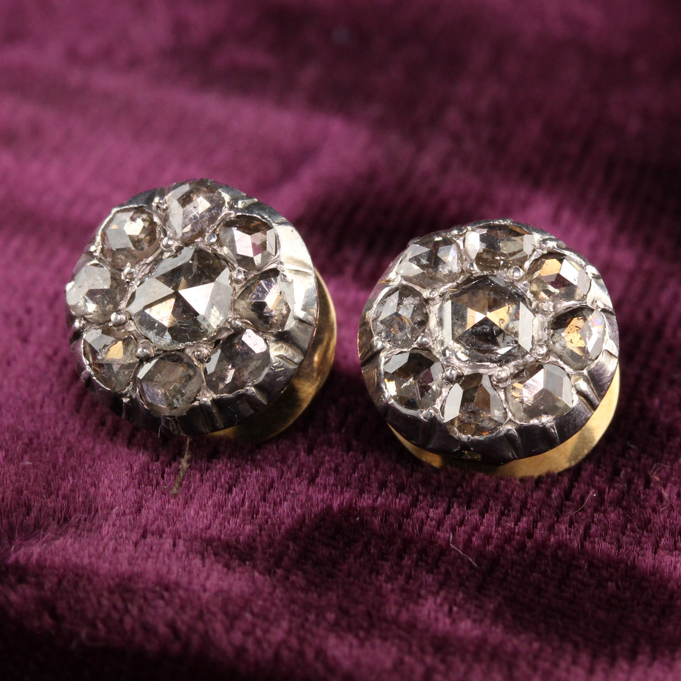 Antique Victorian 18K Yellow Gold Silver Top Rose Cut Diamond Earrings