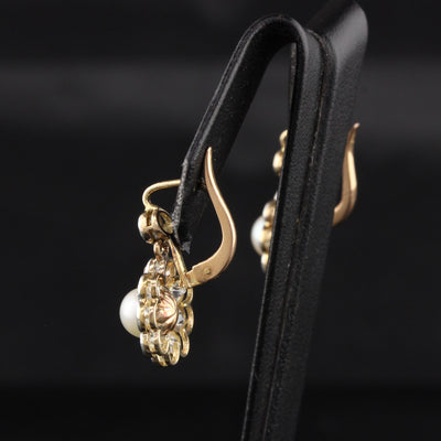 Antique Edwardian 18K Yellow Gold Diamond and Pearl Cluster Drop Earrings