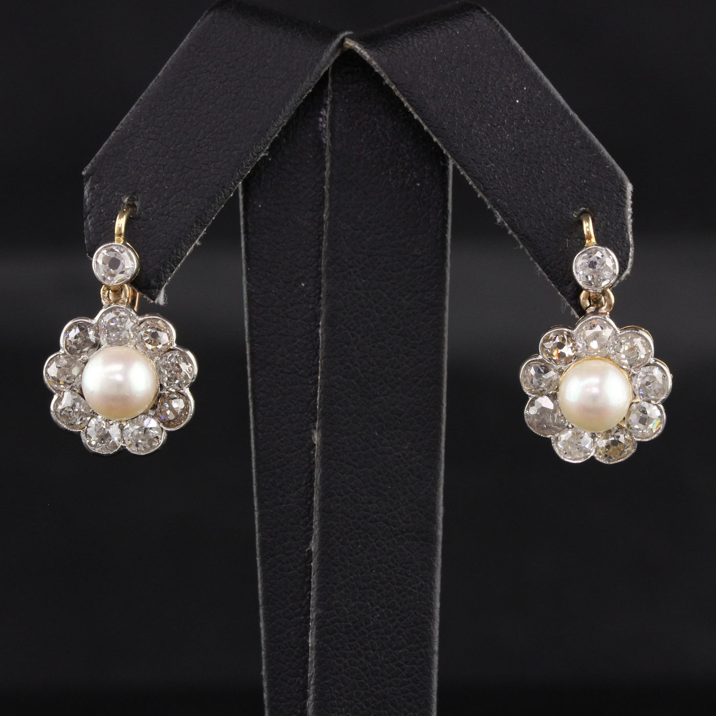 Antique Edwardian 18K Yellow Gold Diamond and Pearl Cluster Drop Earrings
