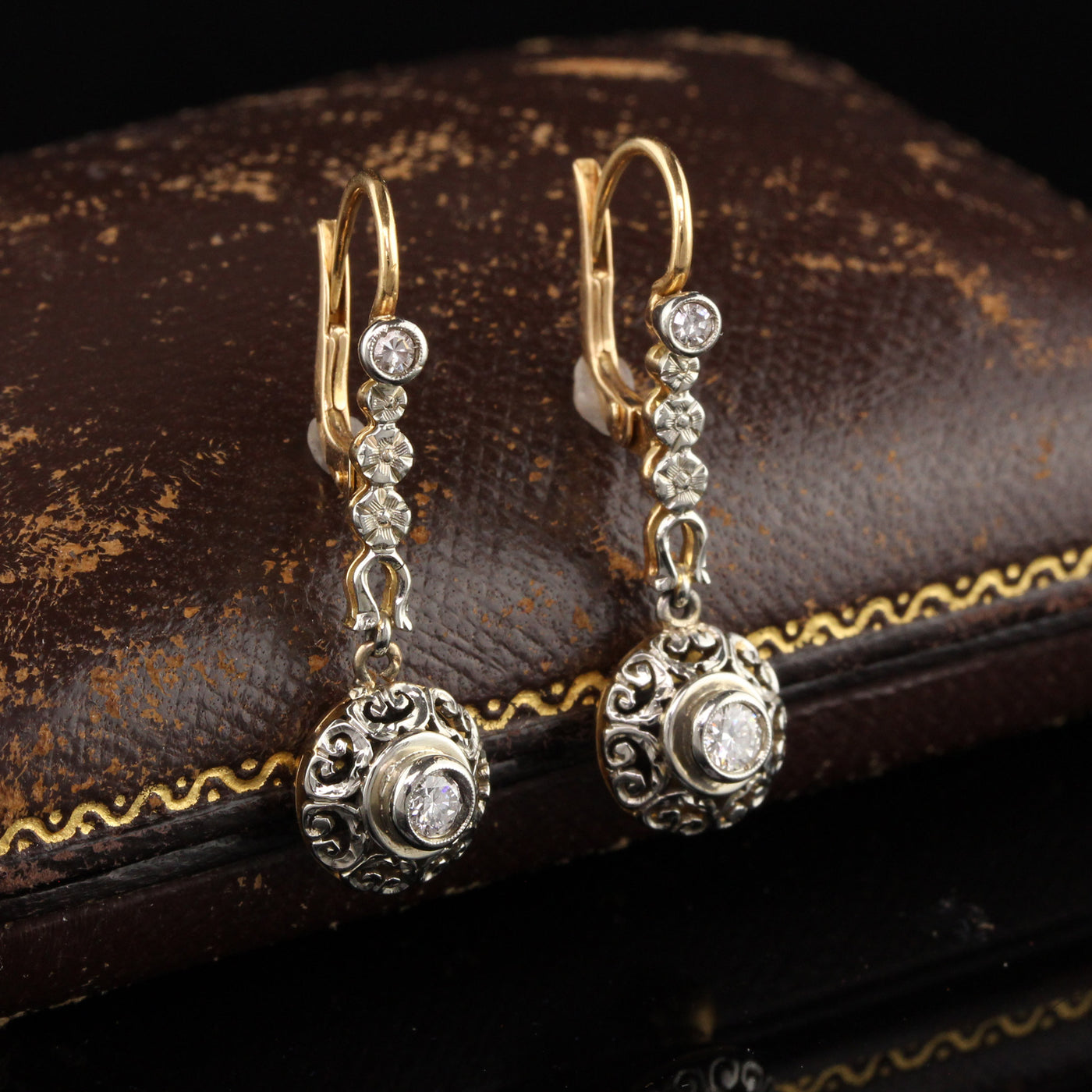 Antique Edwardian 18K Yellow Gold Platinum Old European Diamond Drop Earrings