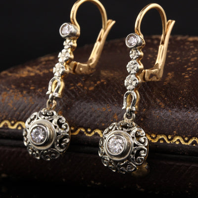 Antique Edwardian 18K Yellow Gold Platinum Old European Diamond Drop Earrings