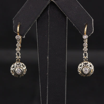 Antique Edwardian 18K Yellow Gold Platinum Old European Diamond Drop Earrings