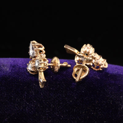 Antique Victorian 14K Rose Gold Rose Cut Diamond Clover Earrings