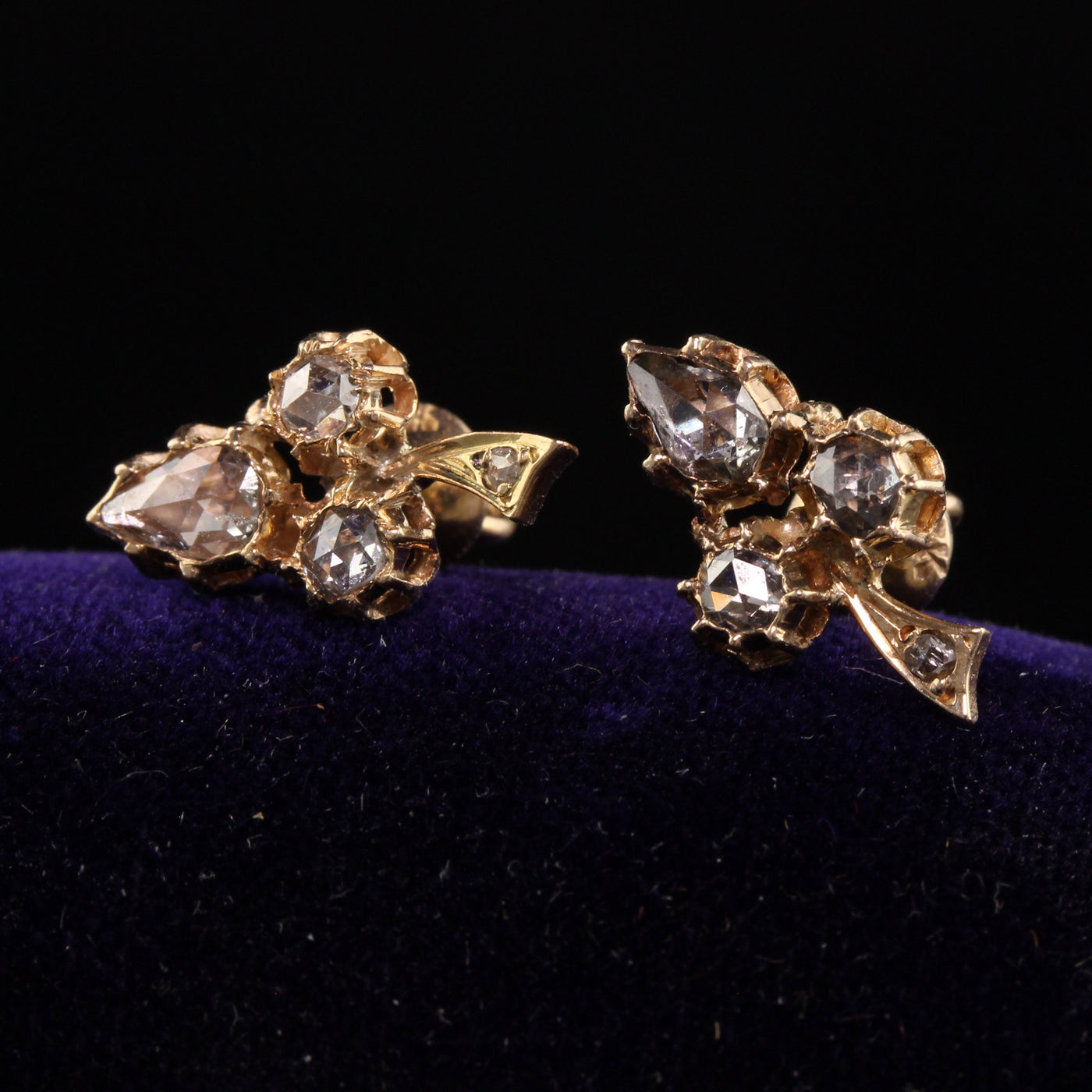 Antique Victorian 14K Rose Gold Rose Cut Diamond Clover Earrings