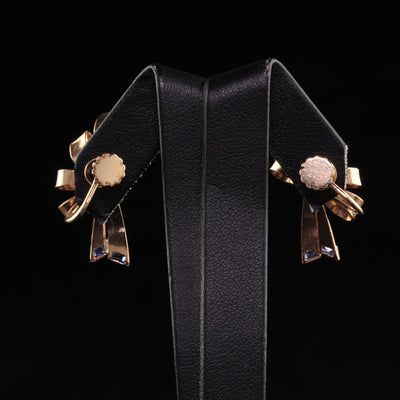Retro Vintage 14K Rose Gold Old Euro Diamond Sapphire Bow Earrings