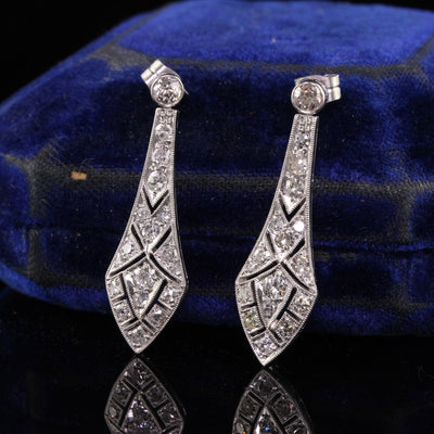 Antique Art Deco Platinum Old European Diamond Drop Dangling Earrings