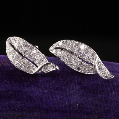 Vintage Retro 18K White Gold Single Cut Diamond Leaf Earrings