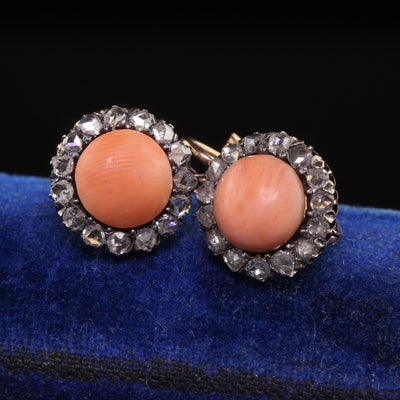 Antique Victorian 18K Yellow Gold Rose Cut Diamond Halo Coral Drop Earrings