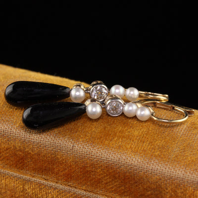 Antique Art Deco 14K Yellow Gold Old European Diamond and Onyx Drop Earrings