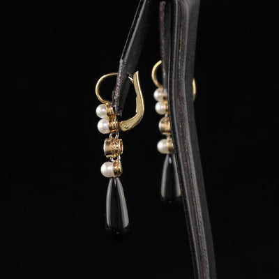 Antique Art Deco 14K Yellow Gold Old European Diamond and Onyx Drop Earrings