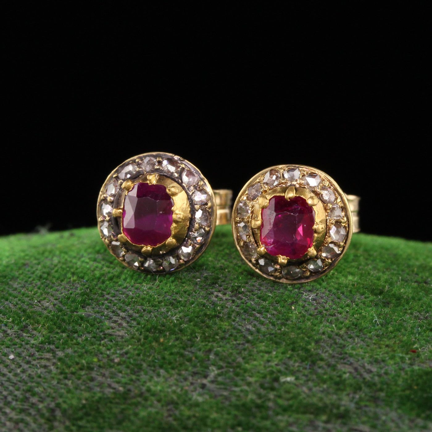 Antique Victorian 18K Yellow Gold Burma Ruby and Diamond Stud Earrings