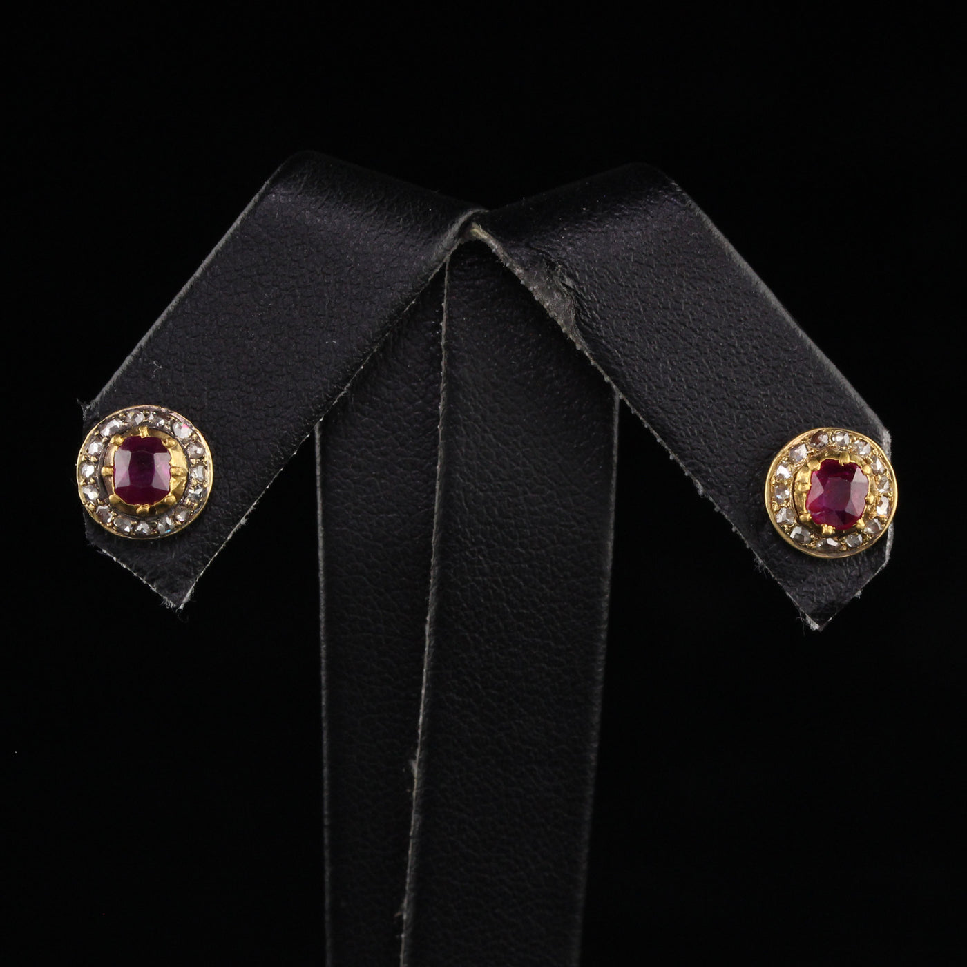 Antique Victorian 18K Yellow Gold Burma Ruby and Diamond Stud Earrings