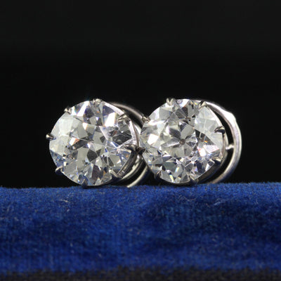 Antique Art Deco Platinum Old European Diamond Stud Earrings - GIA