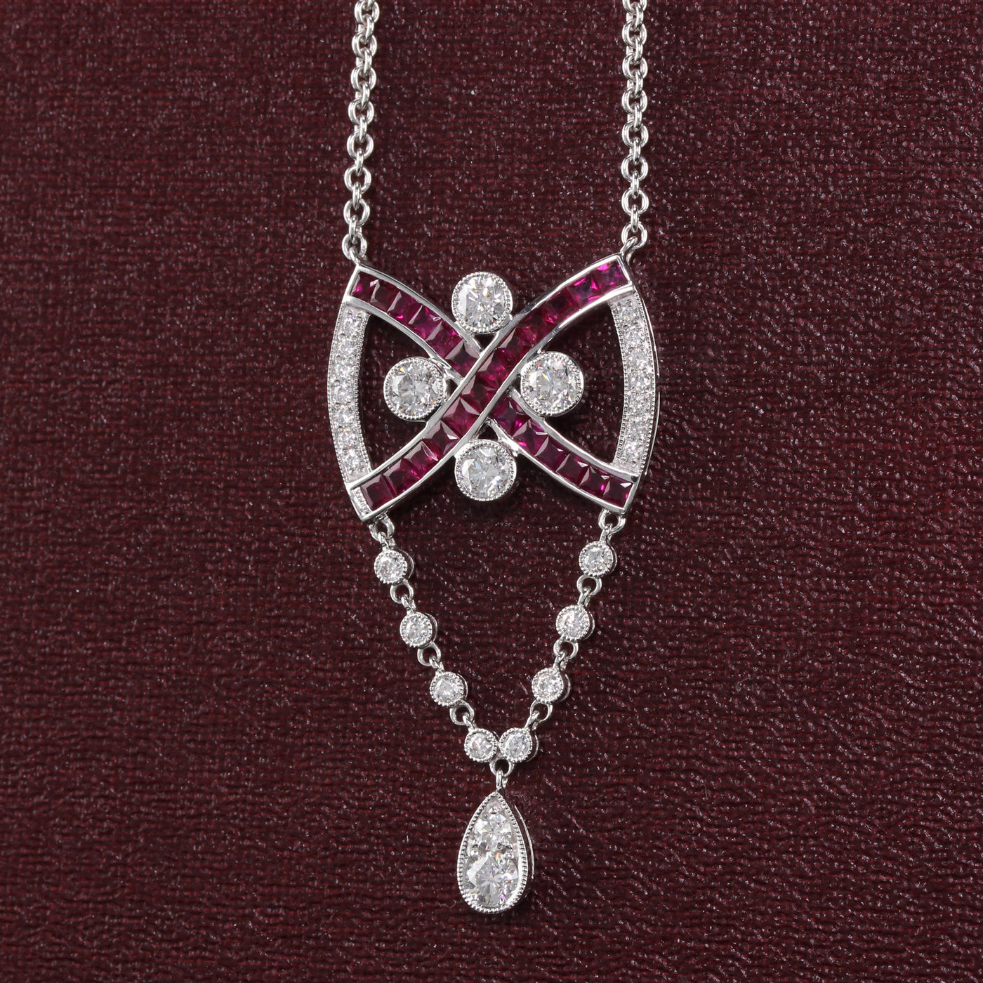 Vintage Estate 18K White Gold Diamond and Ruby Necklace