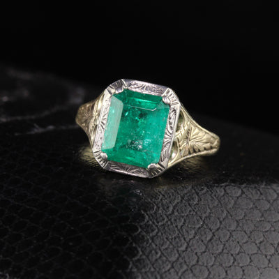 Antique Art Deco 14K Yellow Gold Emerald Engagement Ring