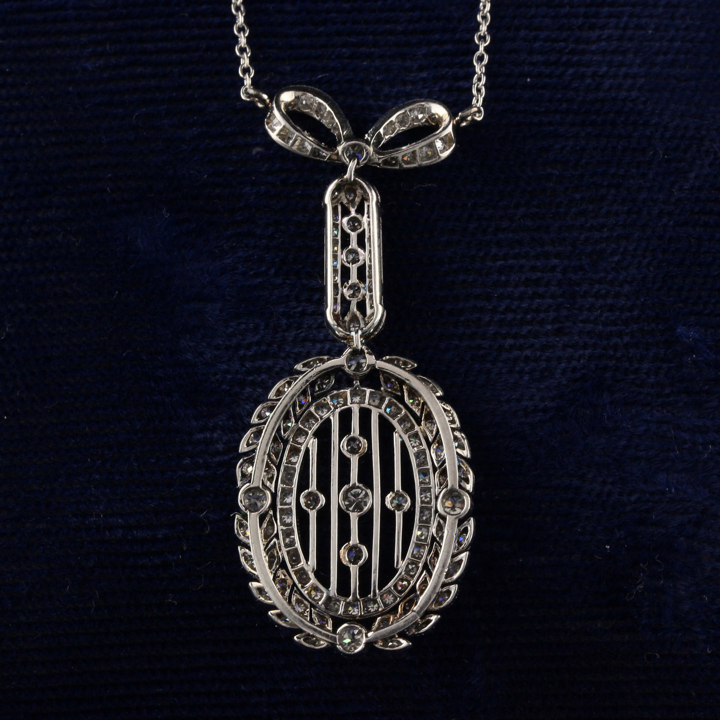 Antique Edwardian Platinum Wreath Bow Diamond Pendant Necklace
