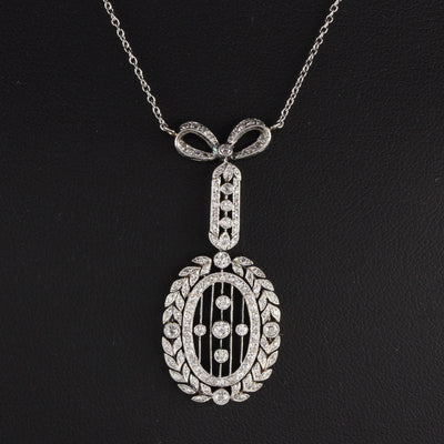 Antique Edwardian Platinum Wreath Bow Diamond Pendant Necklace
