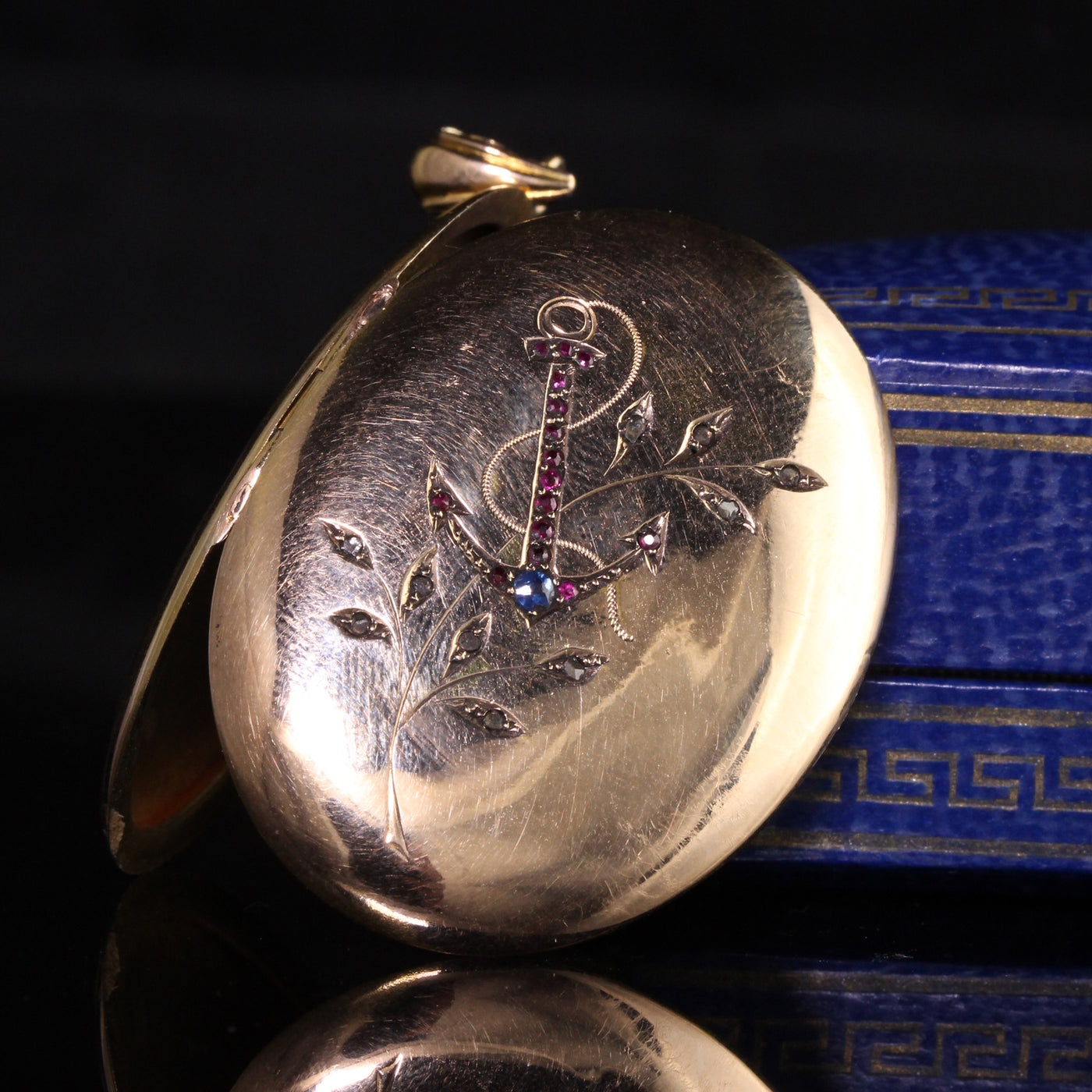 Antique Victorian 18K Yellow Gold Rose Cut Diamond Ruby and Sapphire Anchor Locket