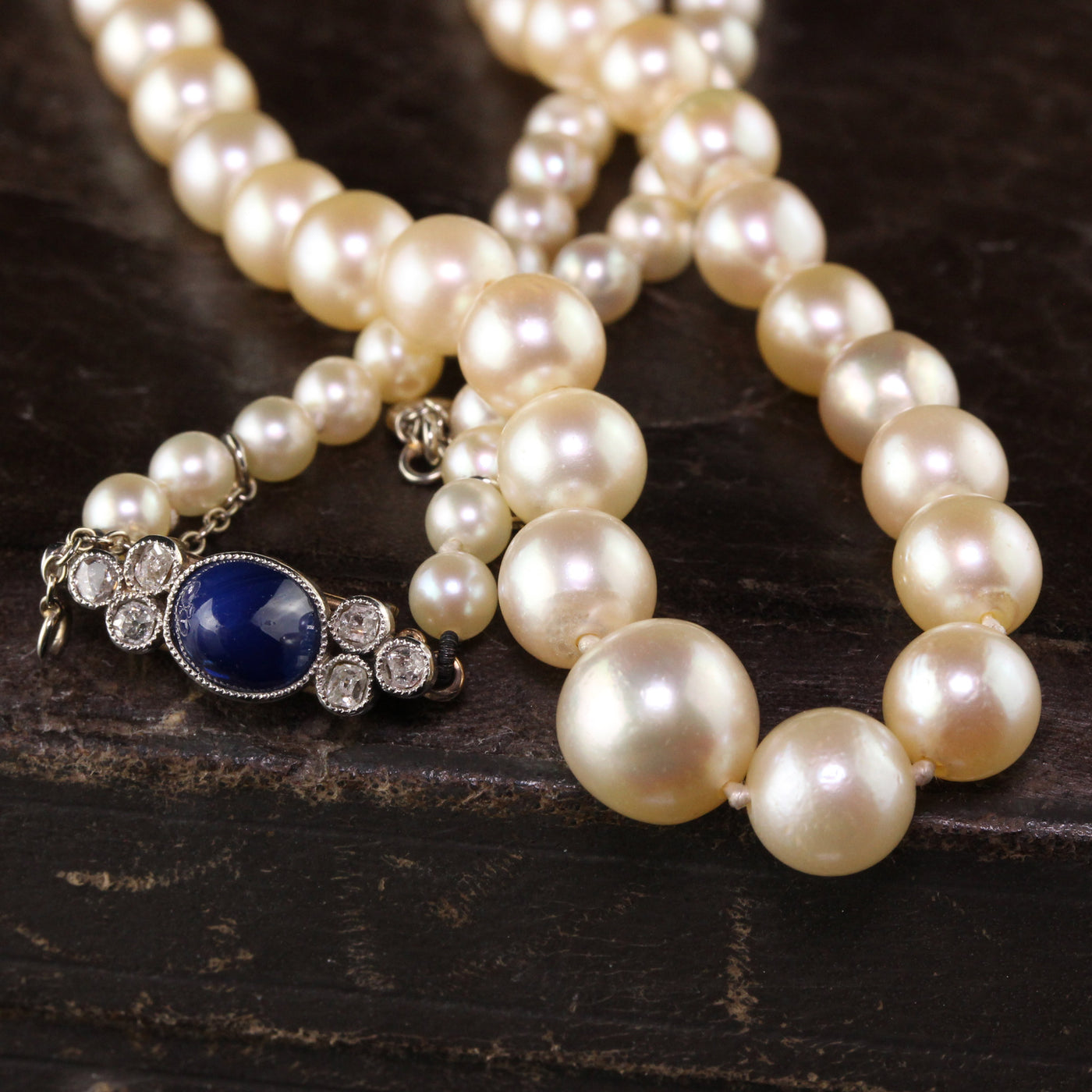 Antique Art Deco 14K Rose Gold Diamond and Sapphire Natural Akoya Pearl Necklace