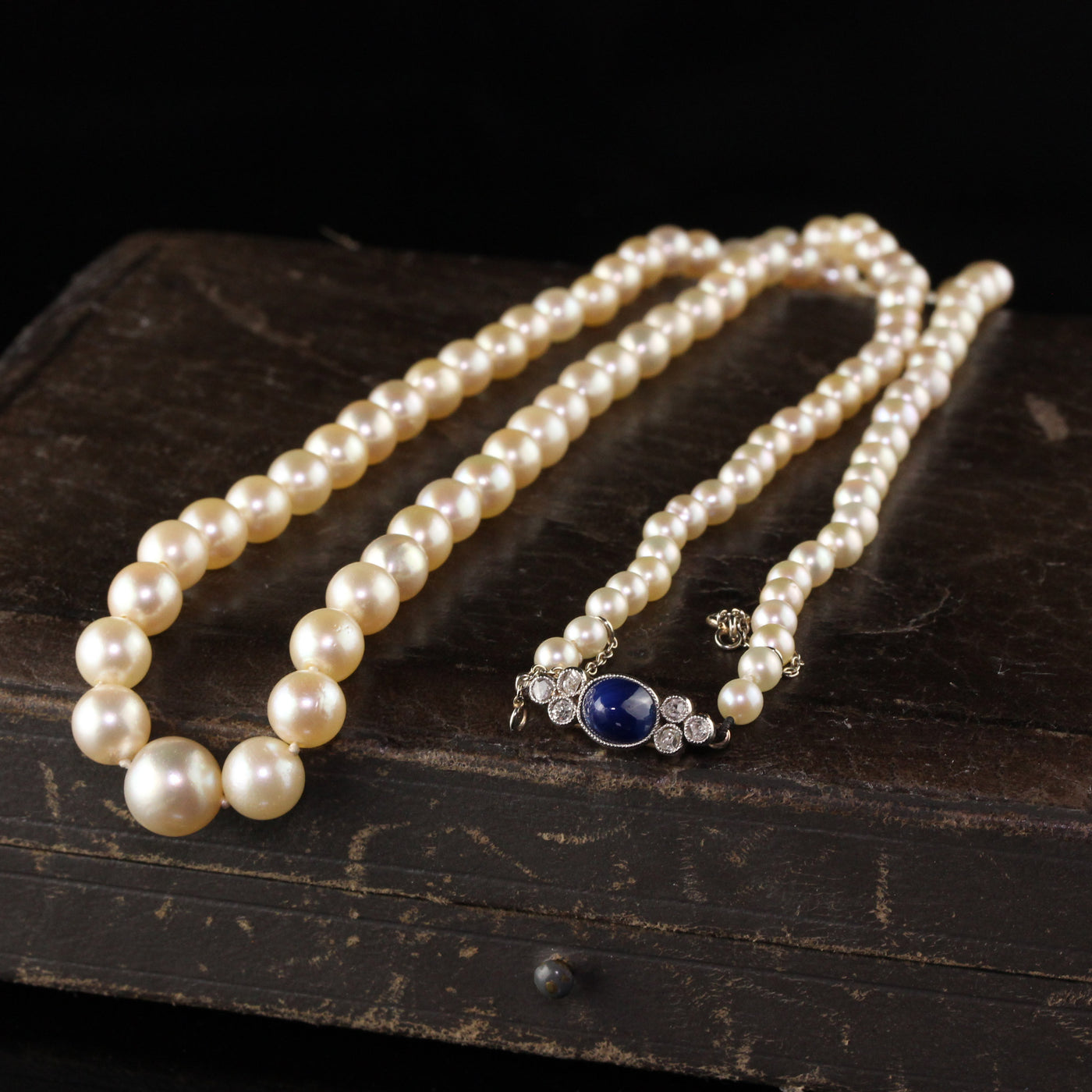 Antique Art Deco 14K Rose Gold Diamond and Sapphire Natural Akoya Pearl Necklace