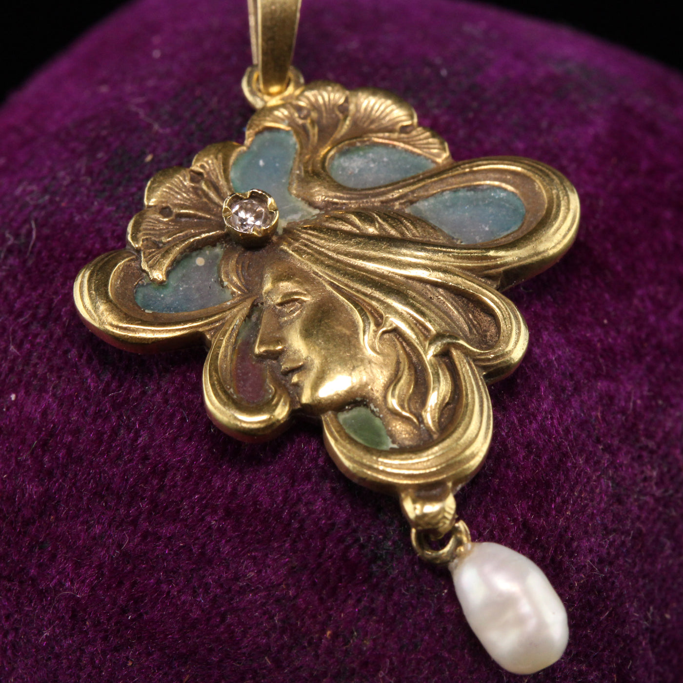 Antique Art Nouveau Plique a Jour 14K Yellow Gold Diamond Pearl Enamel Pendant