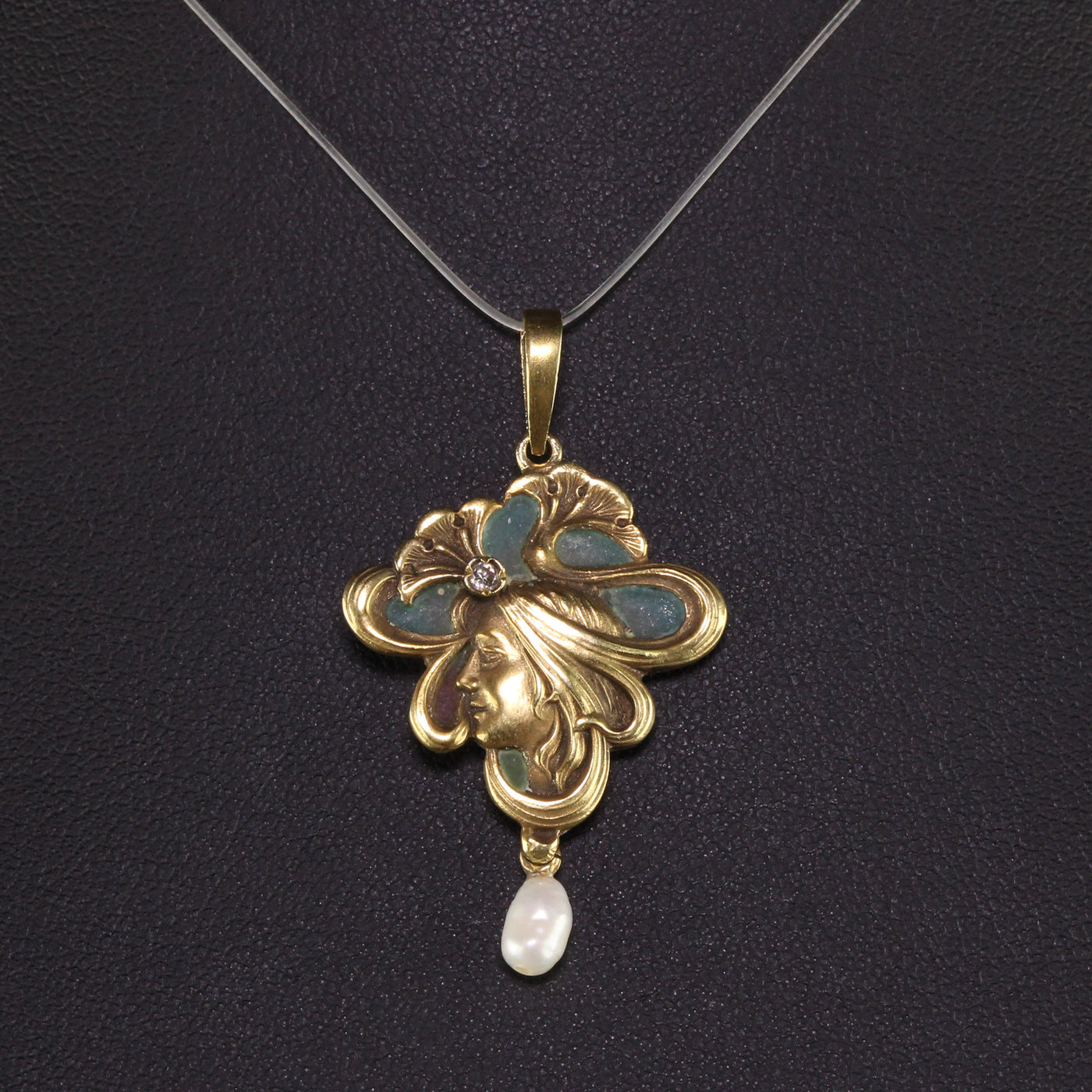 Antique Art Nouveau Plique a Jour 14K Yellow Gold Diamond Pearl Enamel Pendant