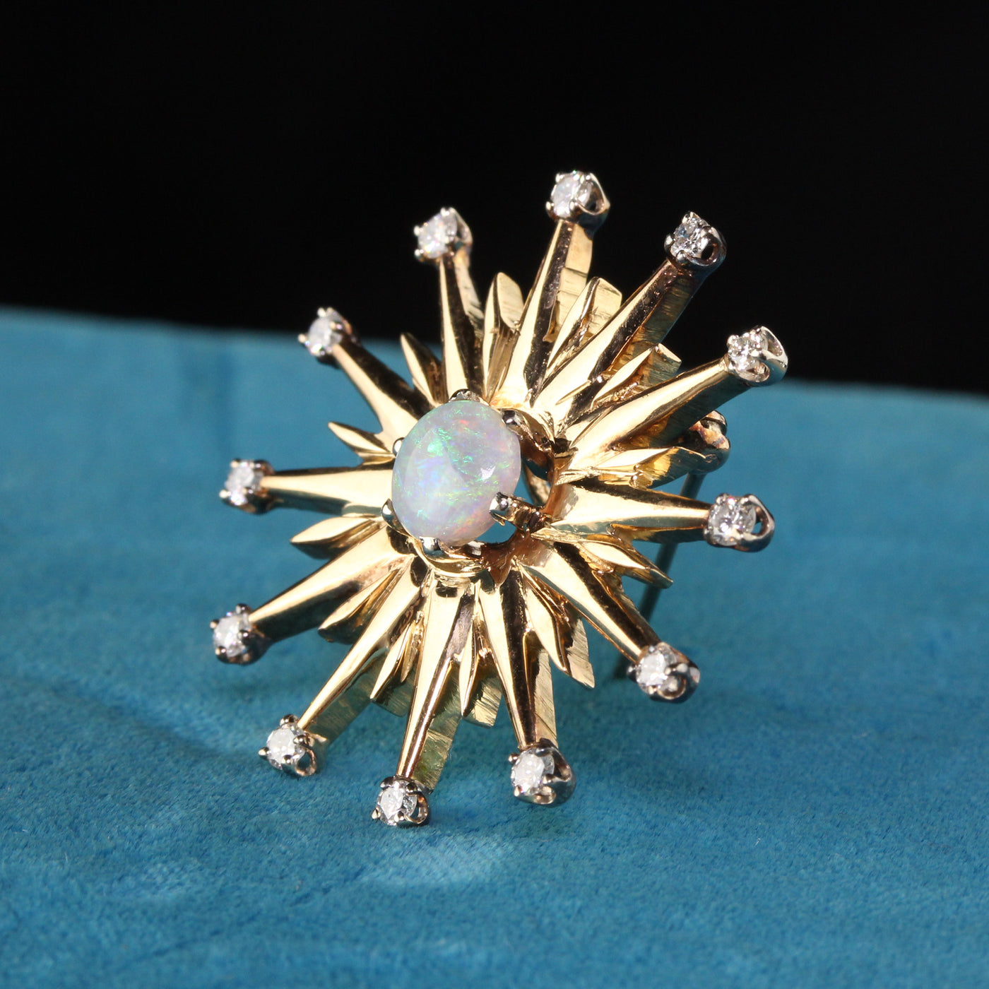 Vintage 18K Yellow Gold Black Opal and Diamond Star Burst Pin Pendant