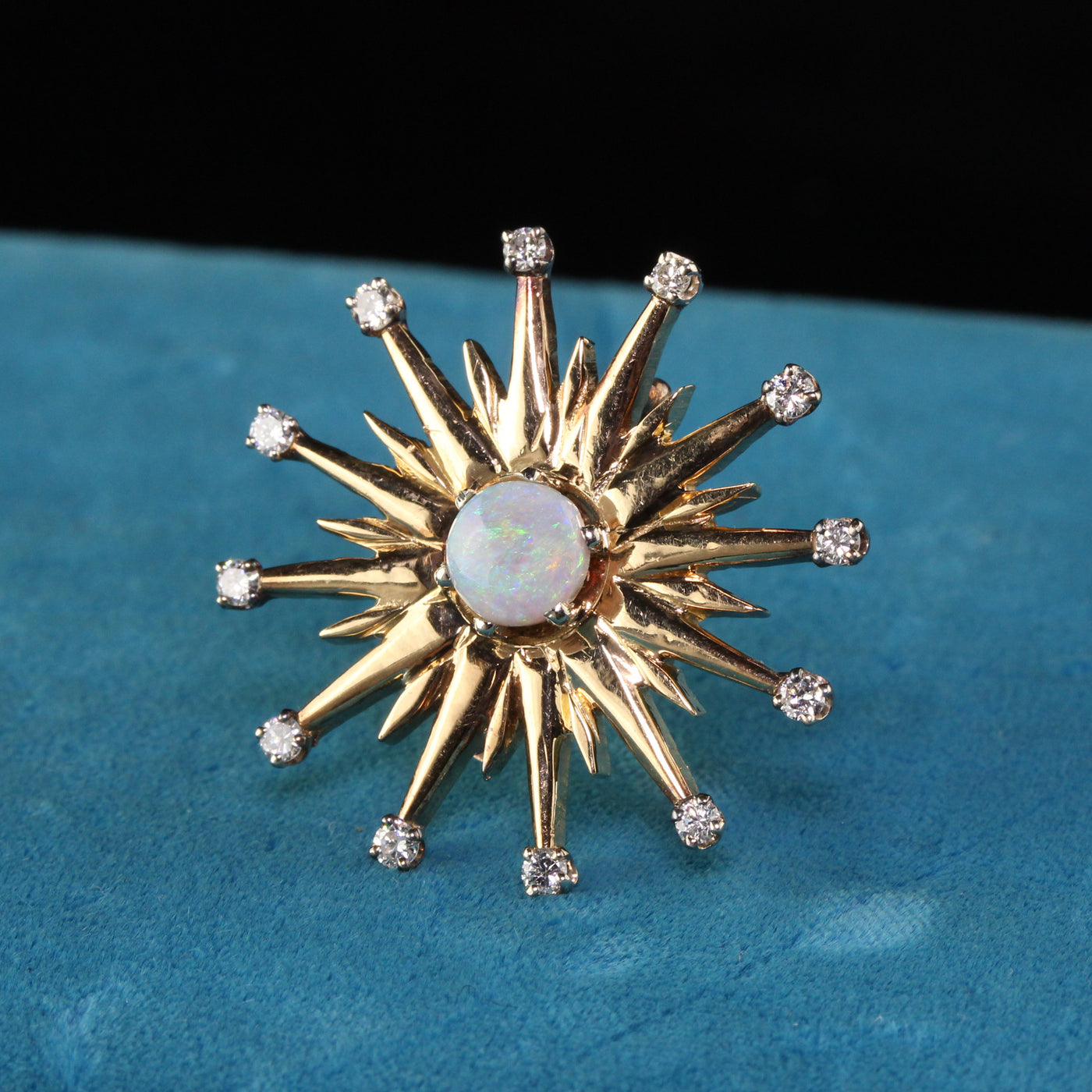 Vintage 18K Yellow Gold Black Opal and Diamond Star Burst Pin Pendant