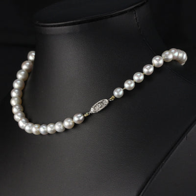 Antique Art Deco Saltwater Akoya Pearl Necklace with Platinum Diamond Clasp - GIA!