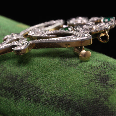 Antique Art Deco French 18K Platinum Diamond and Emerald Flower Pin Pendant