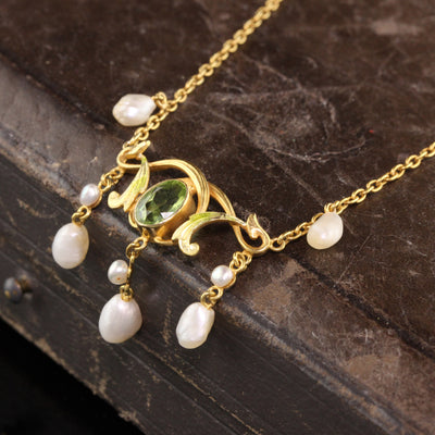 Antique Victorian 18K Yellow Gold Natural Pearl and Peridot Enamel Drop Necklace