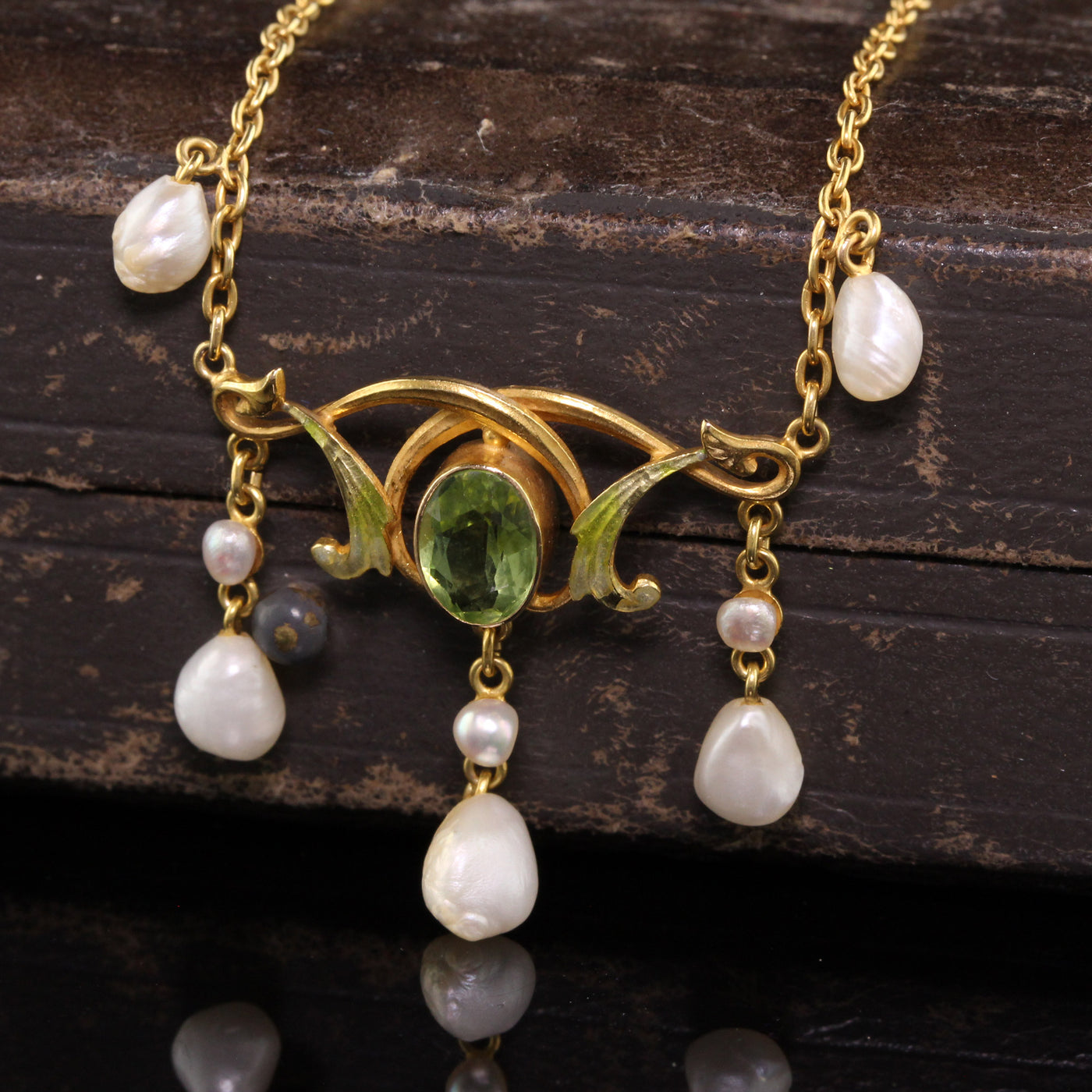 Antique Victorian 18K Yellow Gold Natural Pearl and Peridot Enamel Drop Necklace