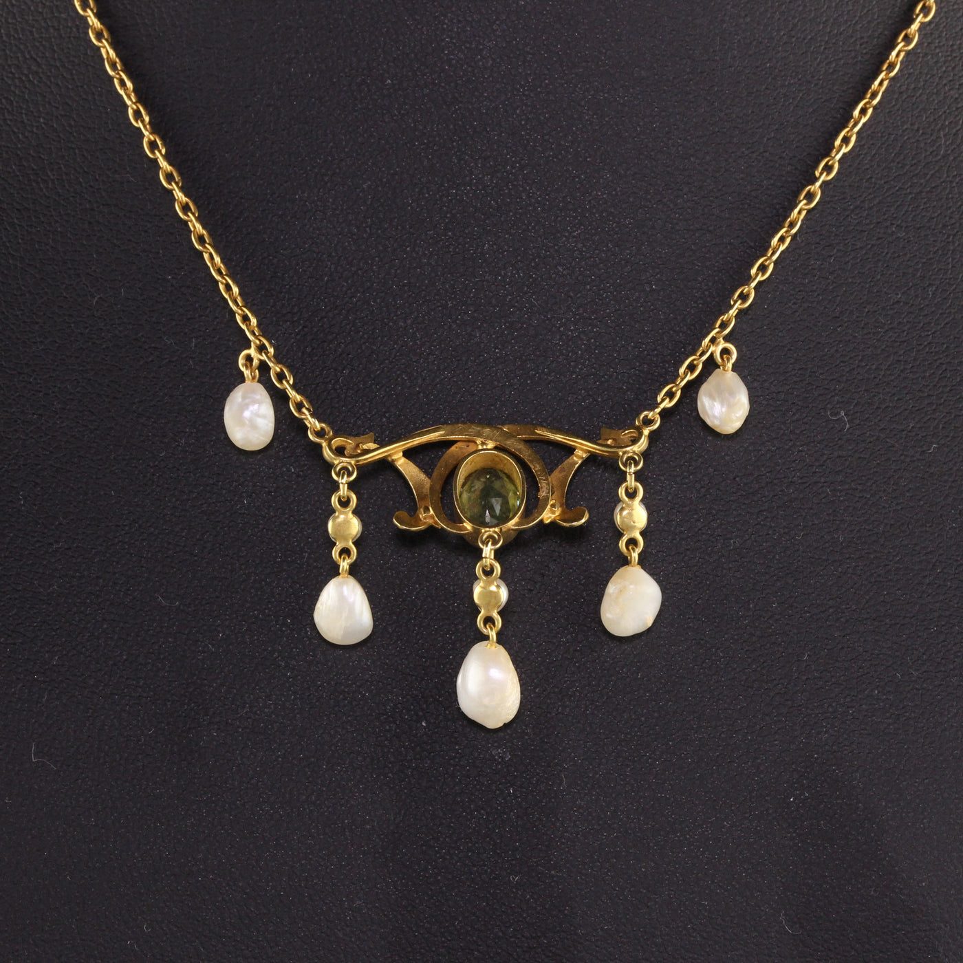 Antique Victorian 18K Yellow Gold Natural Pearl and Peridot Enamel Drop Necklace