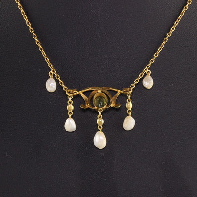 Antique Victorian 18K Yellow Gold Natural Pearl and Peridot Enamel Drop Necklace