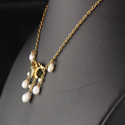 Antique Victorian 18K Yellow Gold Natural Pearl and Peridot Enamel Drop Necklace