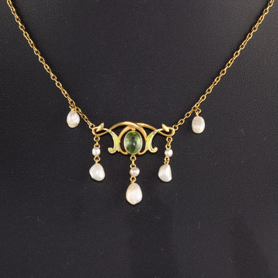 Antique Victorian 18K Yellow Gold Natural Pearl and Peridot Enamel Drop Necklace