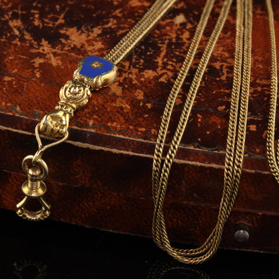 Antique Victorian 18K Yellow Gold Lariat Blue Enamel Chain With Hand - 46 Inches