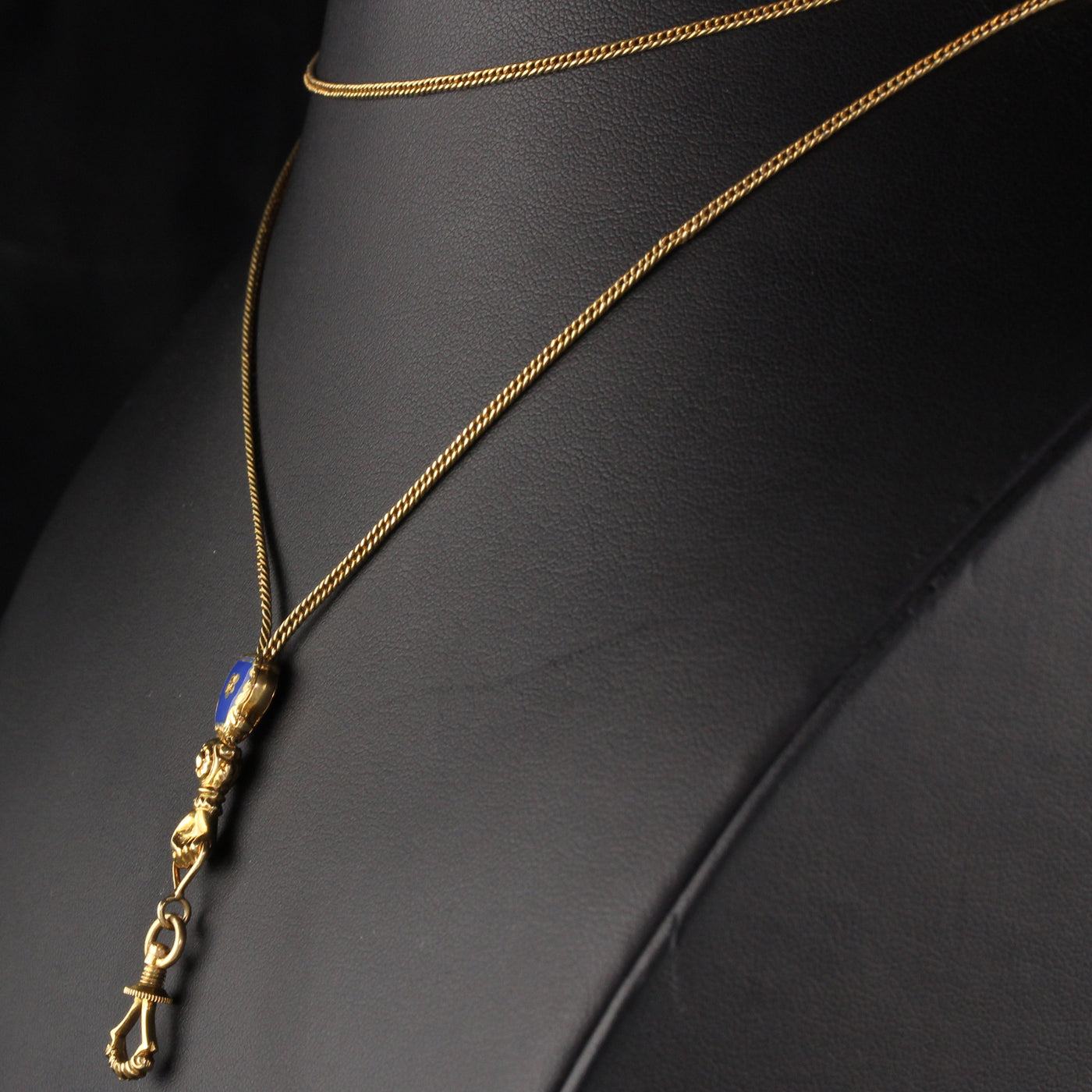 Antique Victorian 18K Yellow Gold Lariat Blue Enamel Chain With Hand - 46 Inches