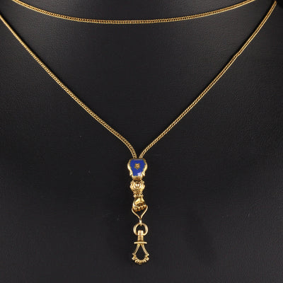 Antique Victorian 18K Yellow Gold Lariat Blue Enamel Chain With Hand - 46 Inches