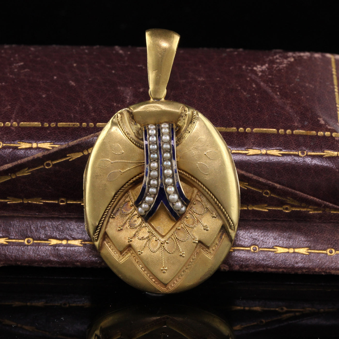 Antique Victorian 18K Yellow Gold Seed Pearl and Enamel Locket