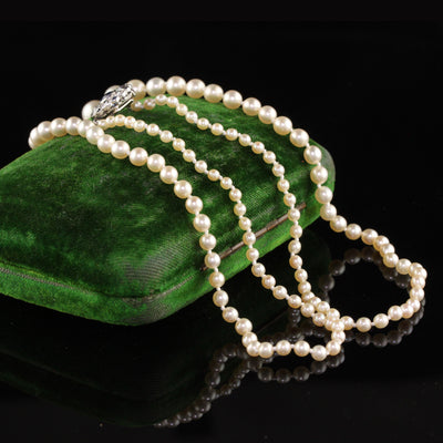 Antique Art Deco Platinum Natural Akoya Pearl Old Euro Diamond Clasp Necklace