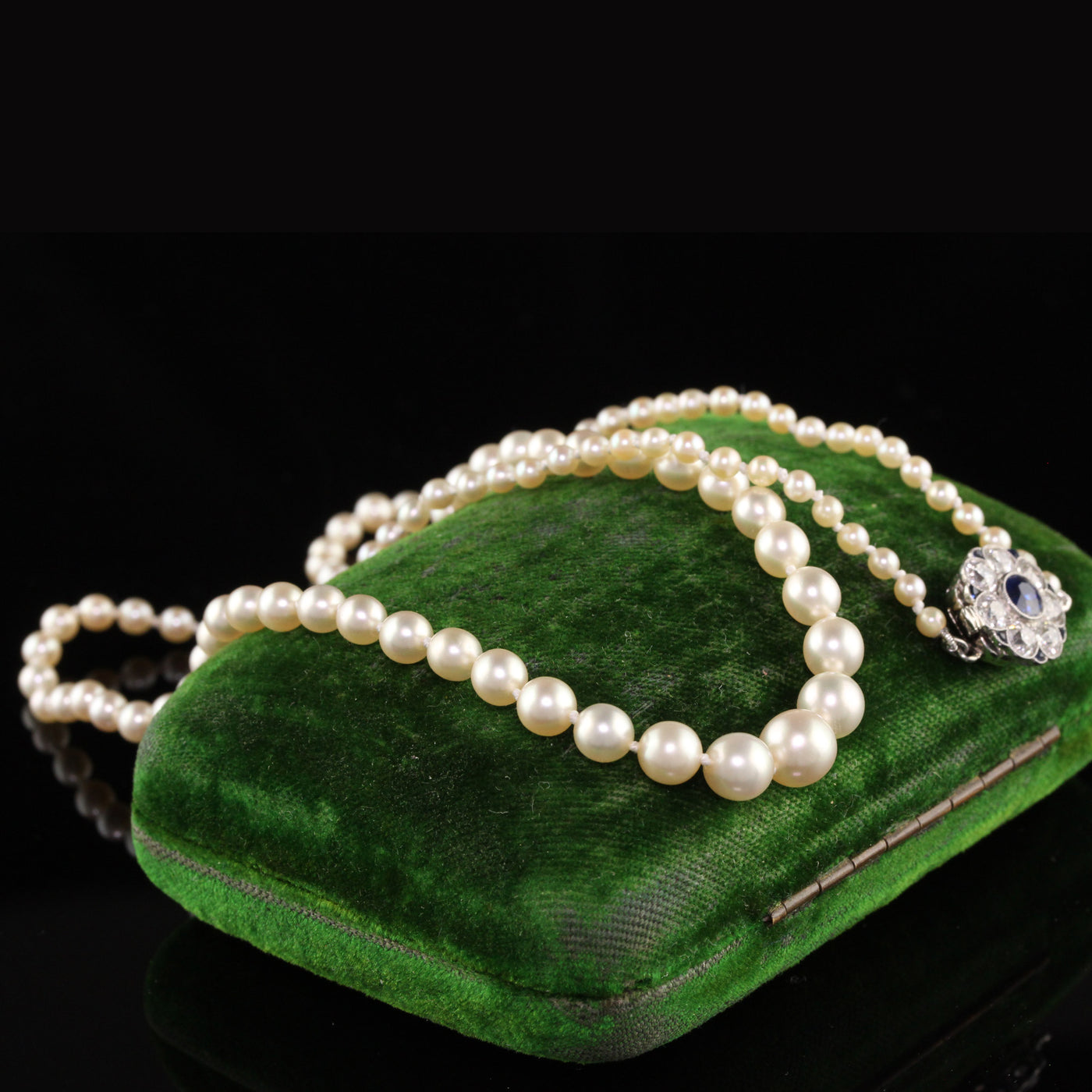 Antique Art Deco Platinum Natural Akoya Pearl Old Euro Diamond Clasp Necklace
