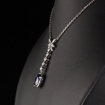 Antique Art Deco French Platinum Old Euro Diamond and Sapphire Drop Necklace