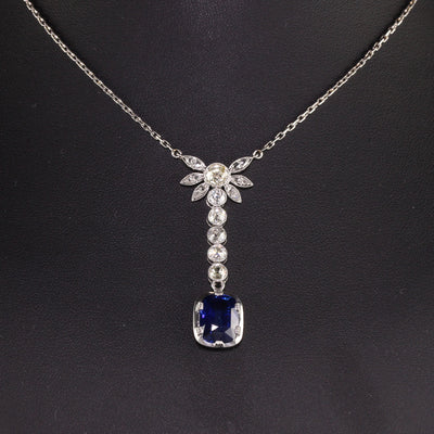 Antique Art Deco French Platinum Old Euro Diamond and Sapphire Drop Necklace