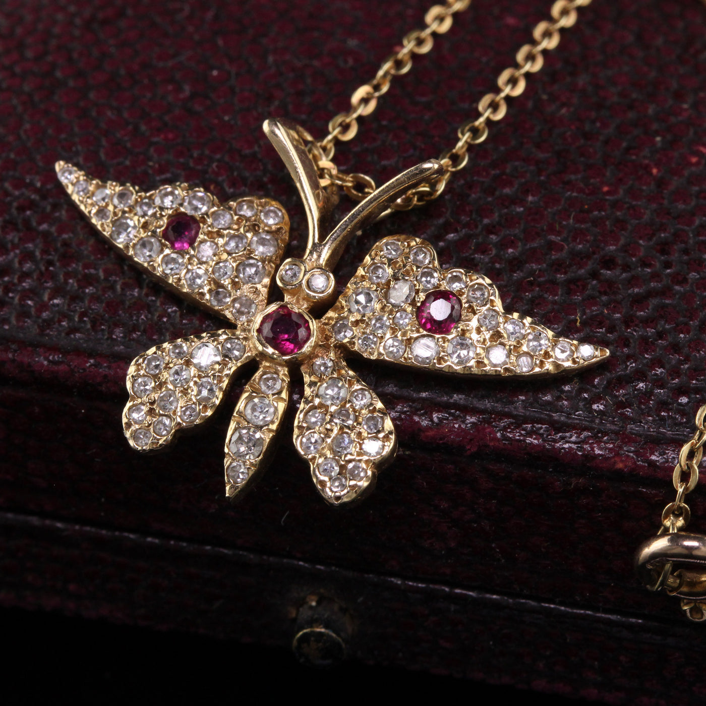 Vintage Estate 14K Yellow Gold Diamond and Ruby Butterfly Pendant Necklace