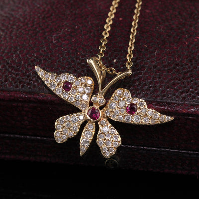 Vintage Estate 14K Yellow Gold Diamond and Ruby Butterfly Pendant Necklace