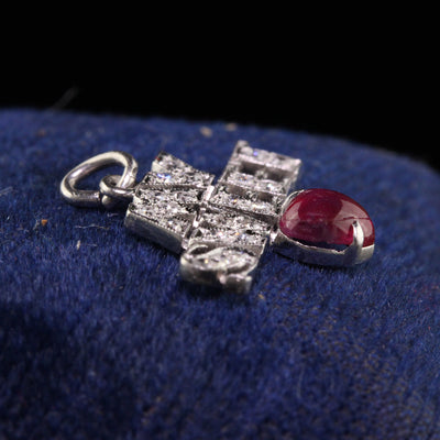 Antique Art Deco Platinum Diamond and Natural Ruby My Sweet Heart Charm